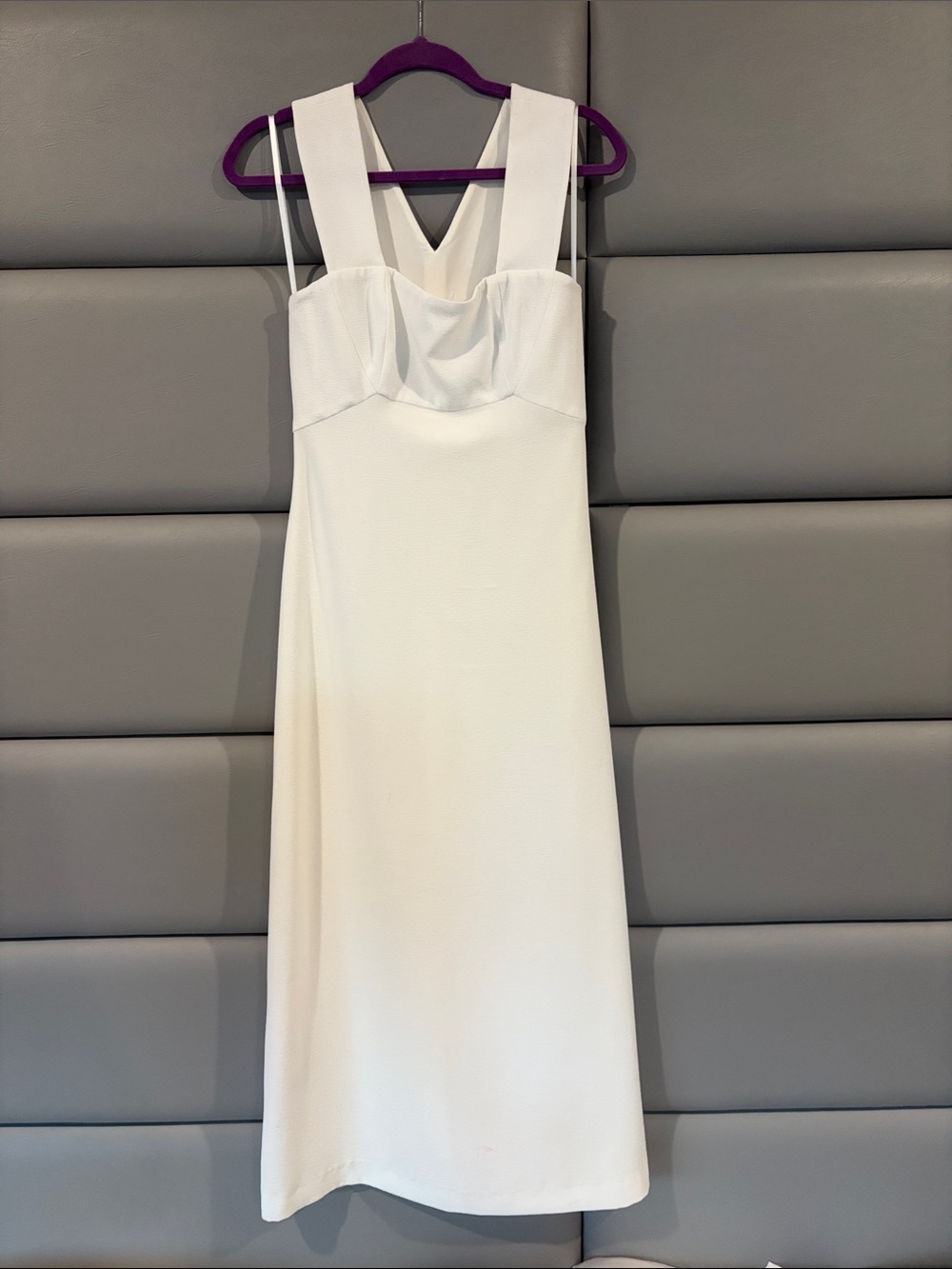 BCBG White Maxi Dress with Structured Bodice and Wide Straps